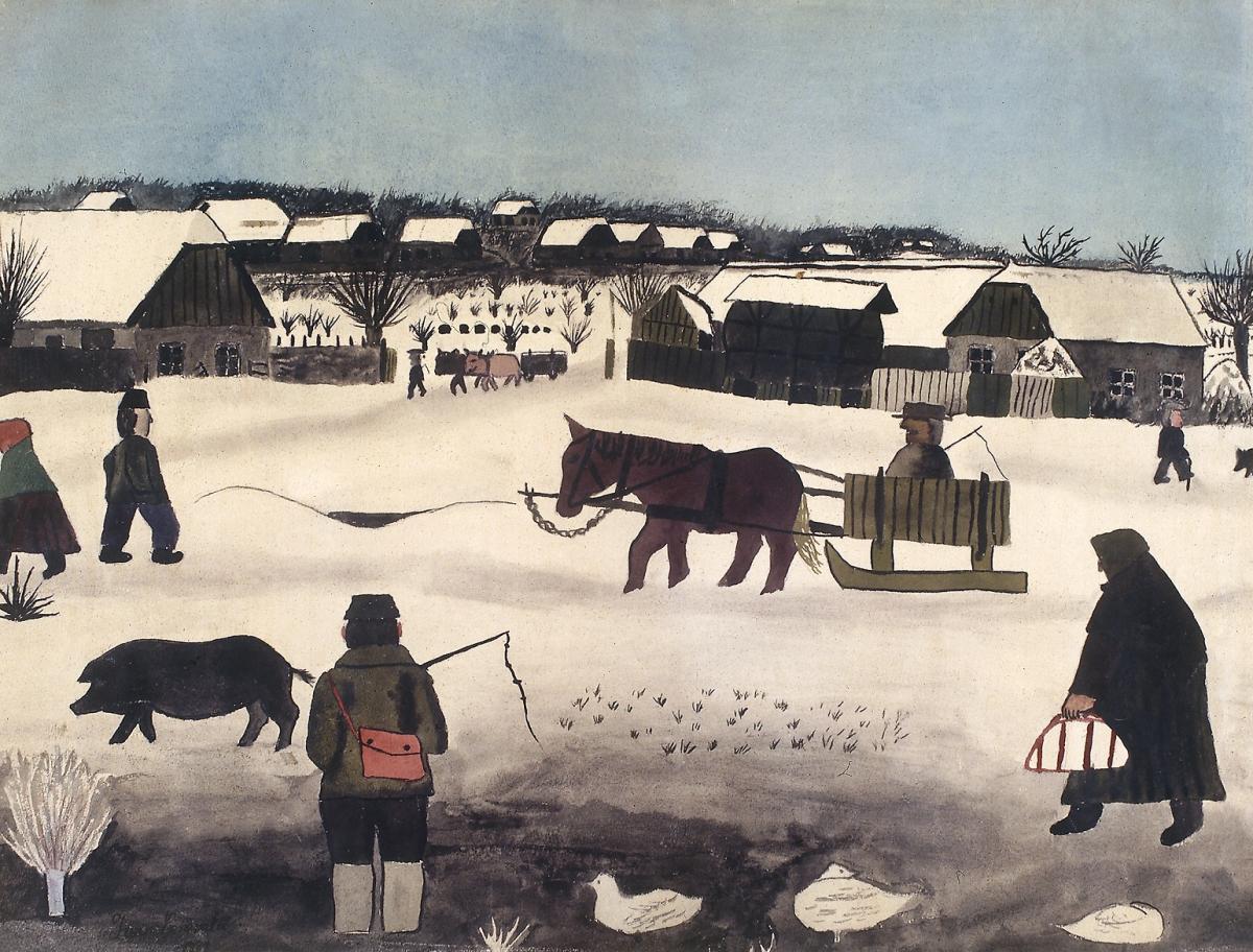 Ivan Generalić, Zima u Hlebinama, 1931., akvarel na papiru, 445x596 mm, HMNU 4