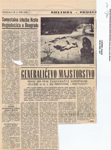 J. Depolo, Generalićevo majstorstvo, Vjesnik, 28.2.1960