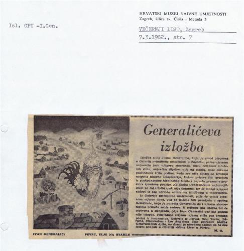 M. G., Generalićeva izložba, Večernji list, 7.3.1962.